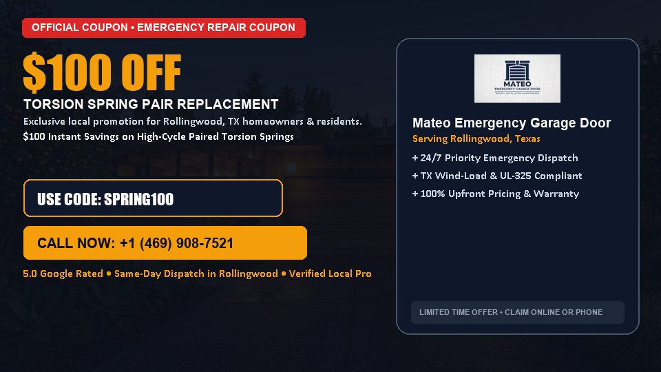 Mateo Emergency Garage Door $100 OFF Dual Torsion Spring Replacement in Rollingwood, TX