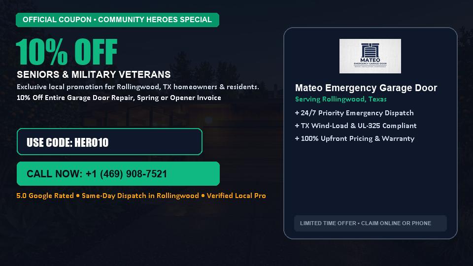 Mateo Emergency Garage Door 10% OFF Seniors & Military Veterans
